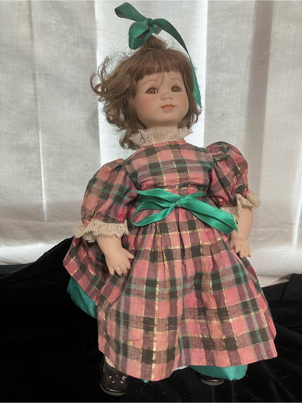 Porcelain Doll in Pink and Green Plaid Dress with Green Ribbon